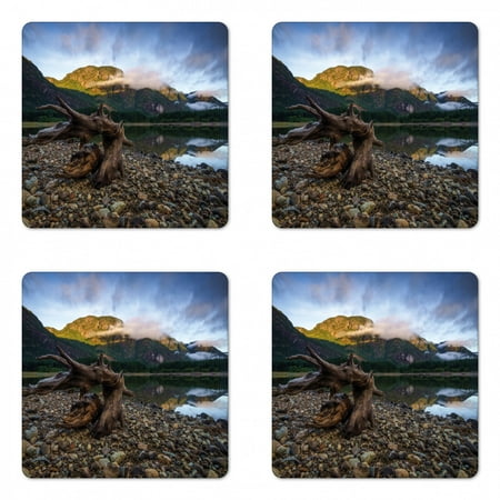 

Driftwood Coaster Set of 4 Landscape of a Mountain Lake and Cloudy Sky Driftwood on Rocky Shoreline Square Hardboard Gloss Coasters Standard Size Blue and Brown by Ambesonne