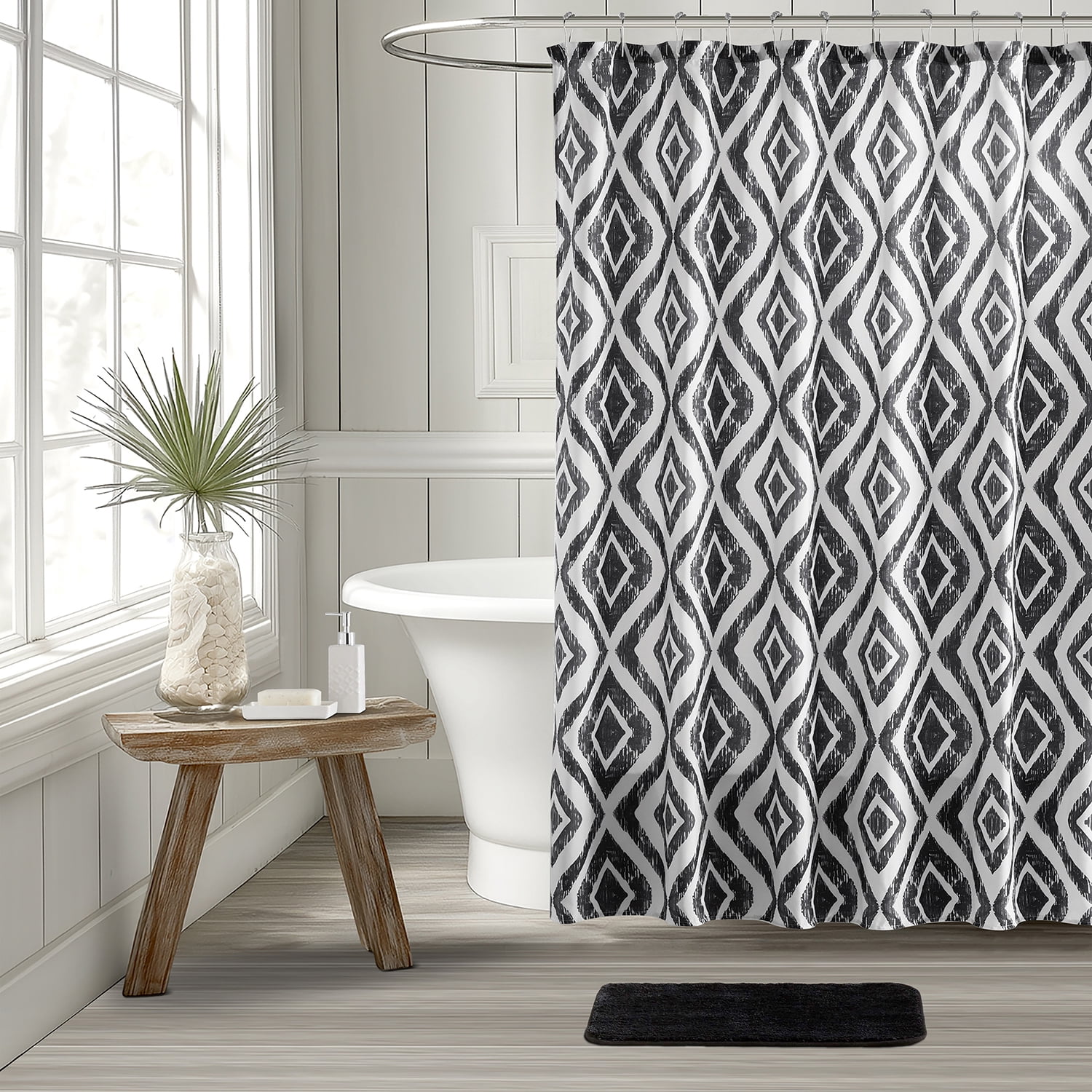 Mainstays 16-Piece Black Diamond Pattern Shower Curtain Bathroom Set – Fabric Curtain with Rug, Hooks, Soap Dispenser & Tray