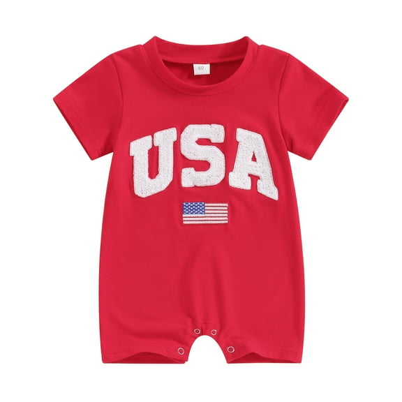 Aojekbee 4th of July Baby Rompers Infant Girls Boys Fuzzy Letter Flag Embroidery Crew Neck Short Sleeve Bodysuits Summer Jumpsuits