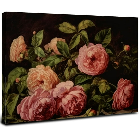 ONETECH Still life Gold Wall Art, Retro Pink Roses Canvas Prints Artwork with Antique , Victorian Wall Paintings Decor for Living Room Gallery 20x16inch