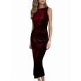 thumbnail image 3 of Female Sleeveless Velvet Cocktail Dresses Cowl Neck Party Midi Wedding Guest Dress Ruched Back Slit Bodycon Dress Red S, 3 of 8