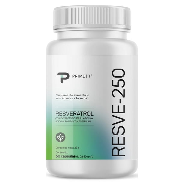 Suplemento Primetech Resveratrol RESVE-250, 60 Cápsulas con alga espirulina. Potente antioxidante no sintético y completamente natural con Polygonum Cuspidatum, Semilla de Uva y Ácido Alfa Lipoico