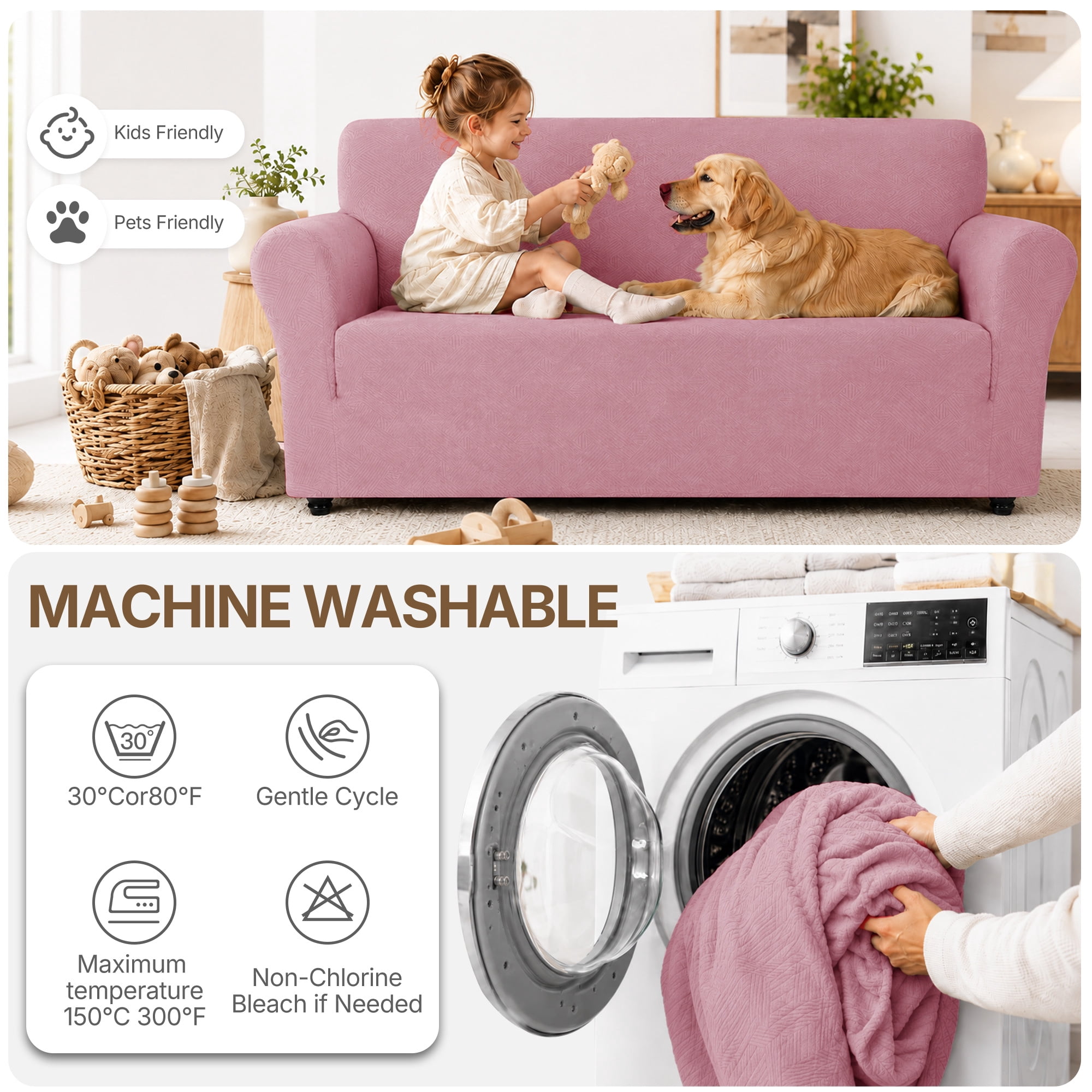 JIATER 1-Piece Sofa Cover Stretch Couch Cover Washable Sofa Slipcover Furniture Protector for Loveseat Sofa,Grey Rose