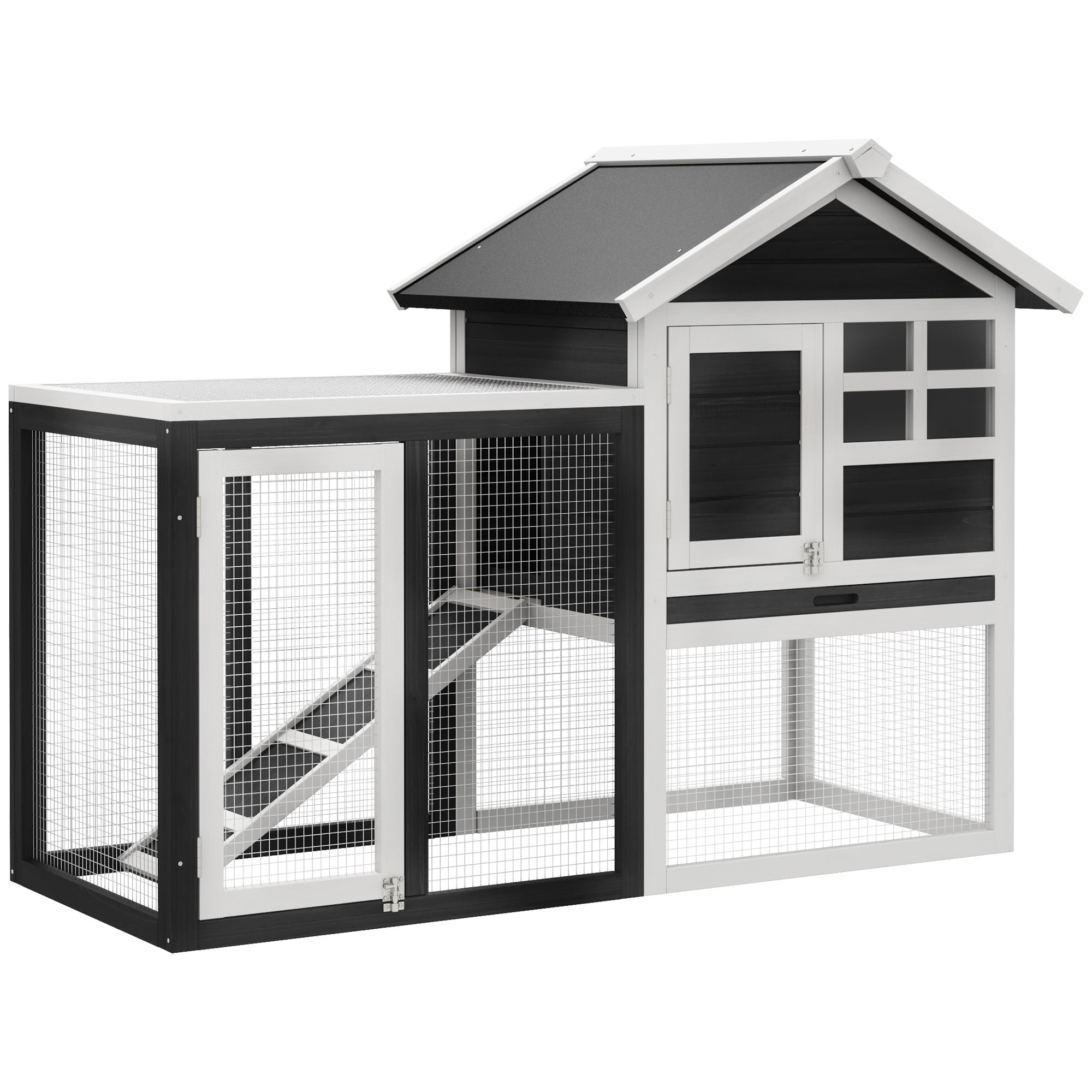 48" Wooden Rabbit Hutch Bunny Cage with Waterproof Asphalt Roof, Fun Outdoor Run, Removable Tray and Ramp, Grey