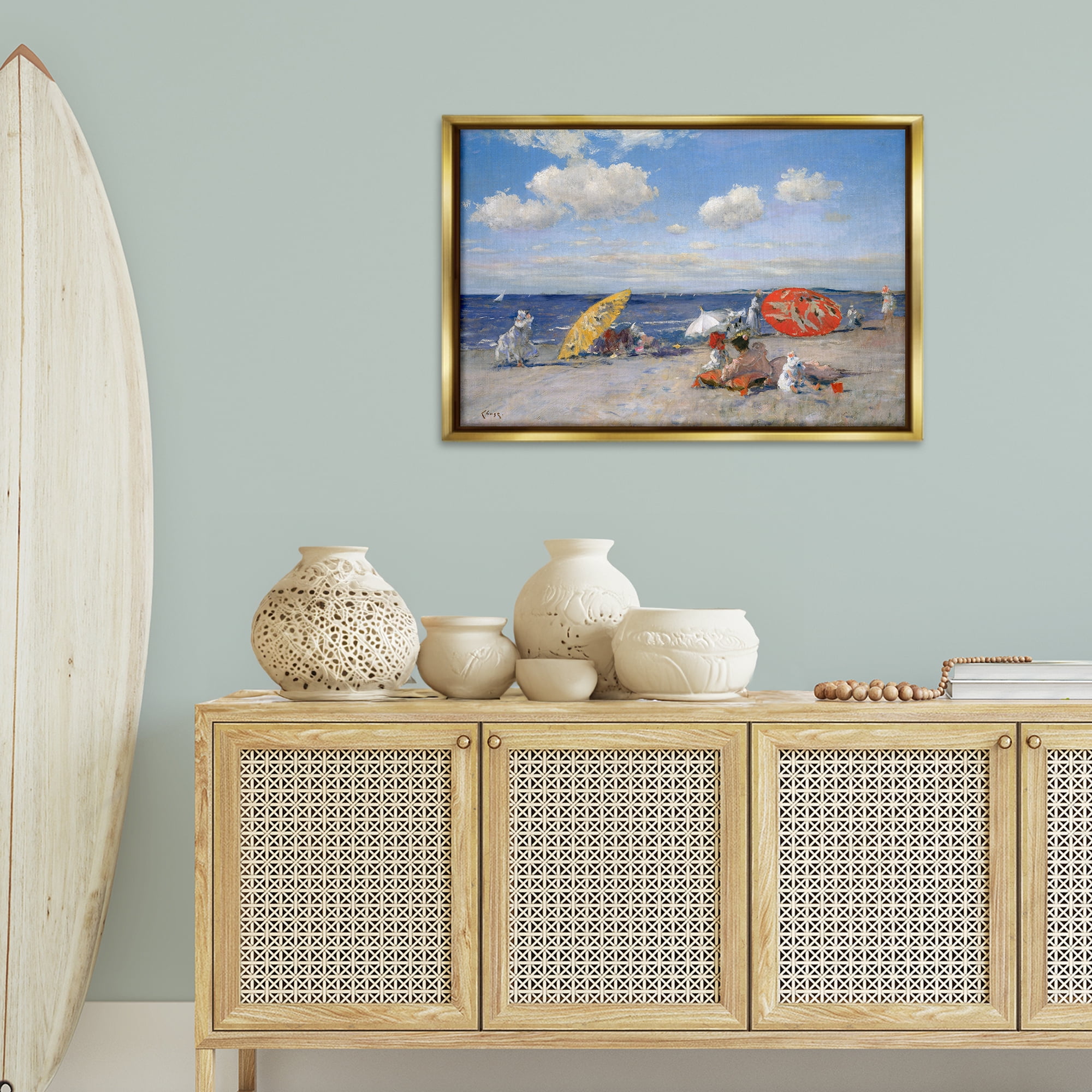 Stupell Industries Classic Beachgoers Scene Nautical & Beach Painting Gold Floater Framed Canvas Art Print Wall Art, 31 x 21