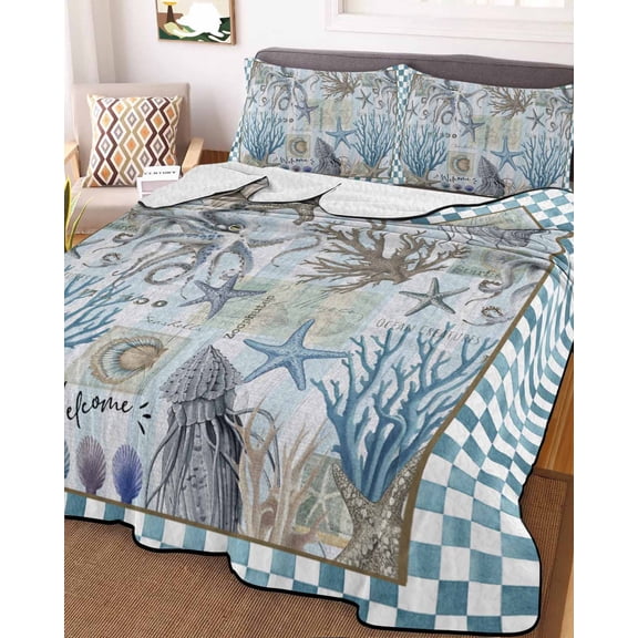 Blue Beach Coastal King Size Down Alternative Comforter, Lightweight Comforter Quilt Bedding Set with Pillow Shams Nautical Seaside Coral Starfish All Seasons Bed Comforter Duvet Insert 96"x106"