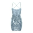 thumbnail image 5 of Lovskoo 2024 Women's Spaghetti Straps Sequin Clubwear Glitter Evening Dress Glitter Ruched Bodycon Mini Dress Blue, 5 of 9