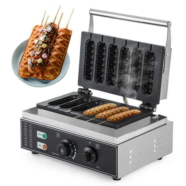 CGOLDENWALL Gofrera Máquina para Hacer Gofres de Perrito Caliente 1500W 6pcs Commercial Waffle Maker Eléctrica Antiadherente con Termostato Digital & Temporizador Certificado CE
