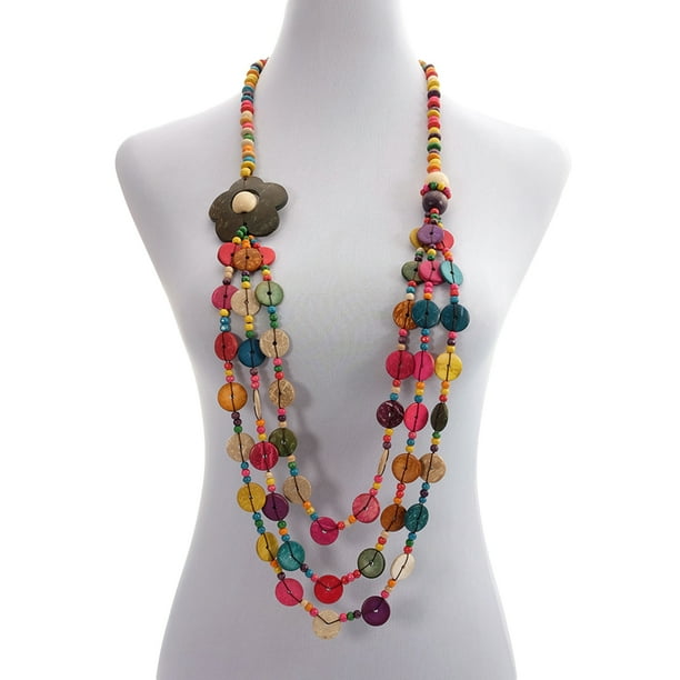 Collar estilo bohemio retro para mujer, concha de coco floral tejida a mano, cuentas de madera de concha de coco de colores, joyería de moda playera, colgante con abalorio.