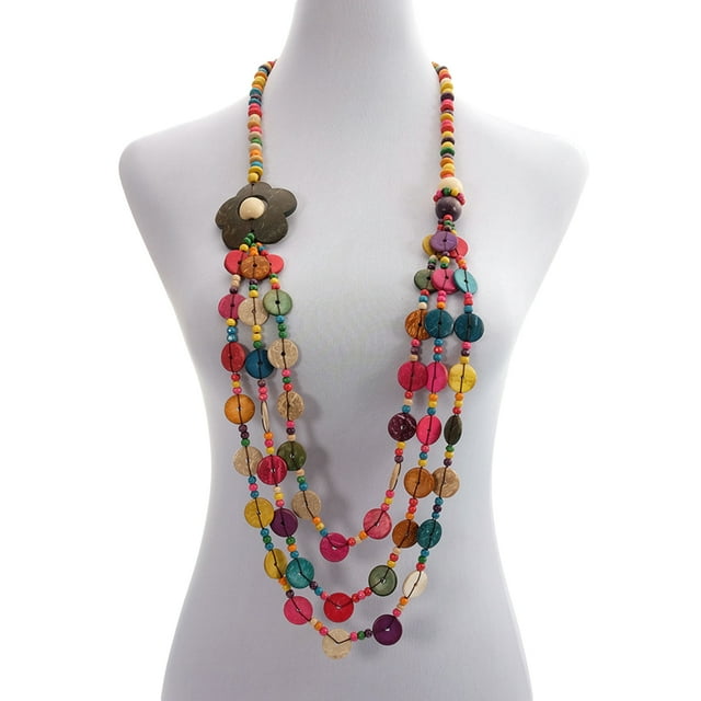 Collar estilo bohemio retro para mujer, concha de coco floral tejida a mano, cuentas de madera de concha de coco de colores, joyería de moda playera, colgante con abalorio.