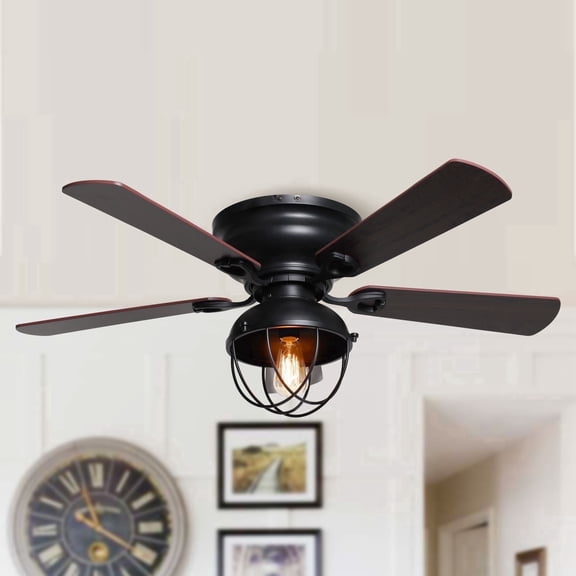 42" Modern Farmhouse Black Caged Flush Mount Ceiling Fan with Light and Remote Control