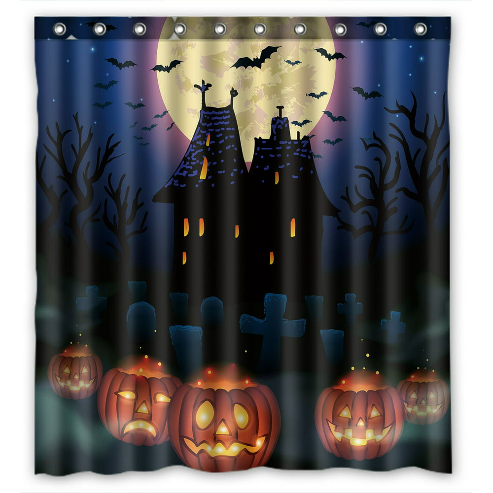 PHFZK Moon Shower Curtain, Halloween Wicked House with Pumpkins ...