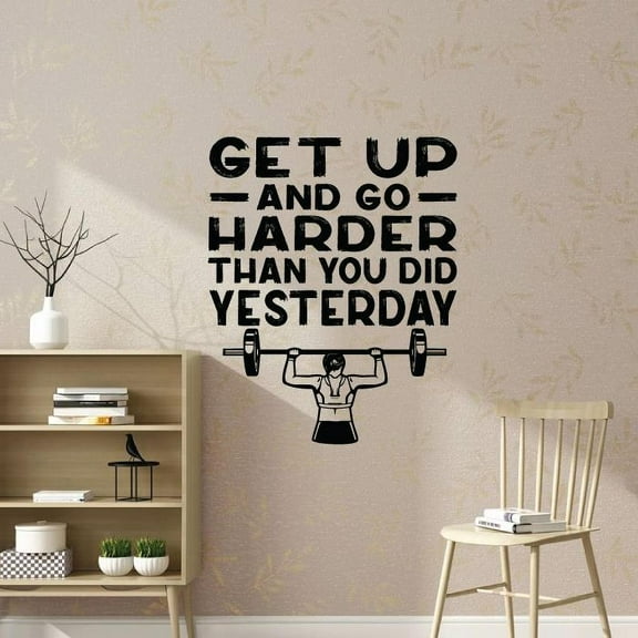 Get Up And Go Harder Than You Did Yesterday - Weightlift Silhouette Exercise Workout Quote Motivation Vinyl Wall Art Sticker Decal Home Gym Workout Area Fitness Sticker Decoration Size (10x8 inch)