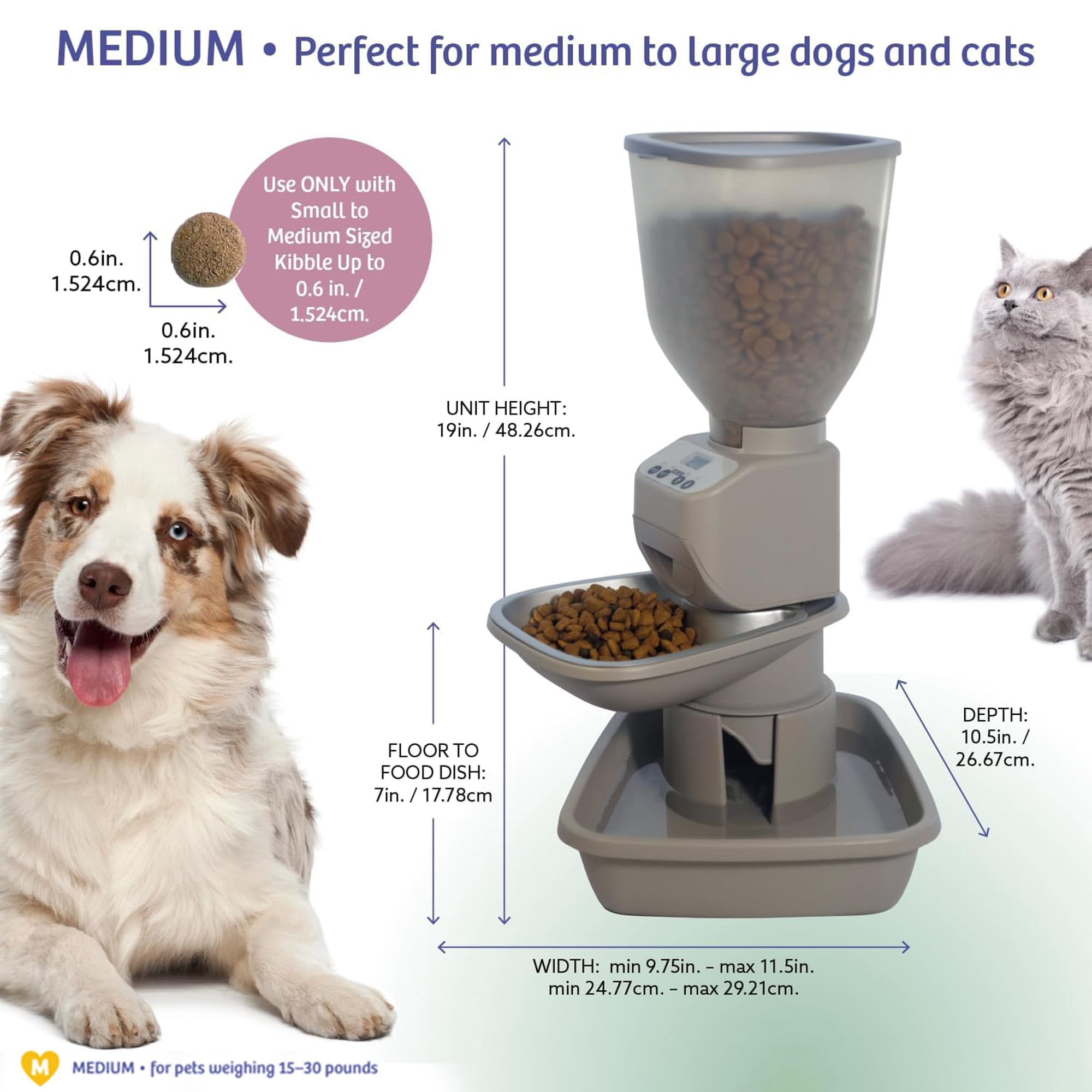 Feeding Friend Automatic Dog & Cat Food Feeder with Water Dispenser – Smart Pet Feeder with Portion Control, OLED Display, Anti Jam Design, Battery Operated Dispenser for Medium Pets 15-30 lbs- Taupe