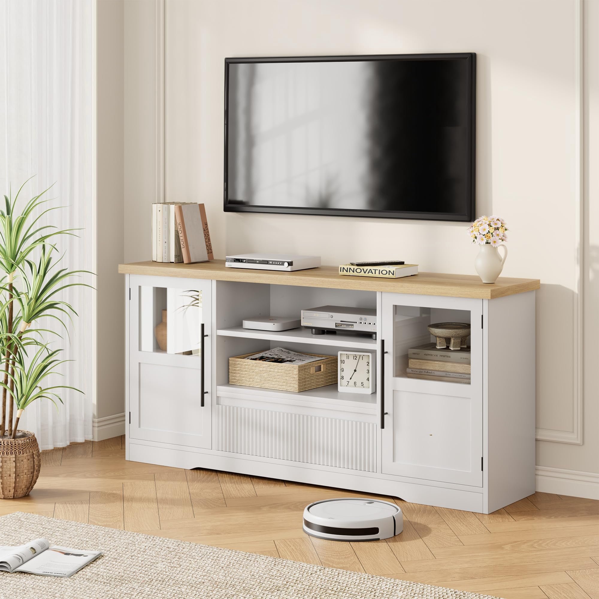 Luku 72" TV Stand, Farmhouse Entertainment Center with Wave Pattern, 2 Glass Door Cabinets & Open Storage