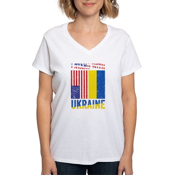 CafePress - I Stand With Ukraine Support Ukrainian Ame T Shirt - Womens Cotton V-Neck T-shirt