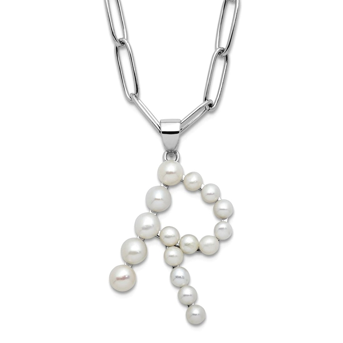 925 Sterling Silver Rhodium Plated 3-5.5mm Freshwater Cultured Pearl Letter Name Personalized Monogram Initial R Necklac
