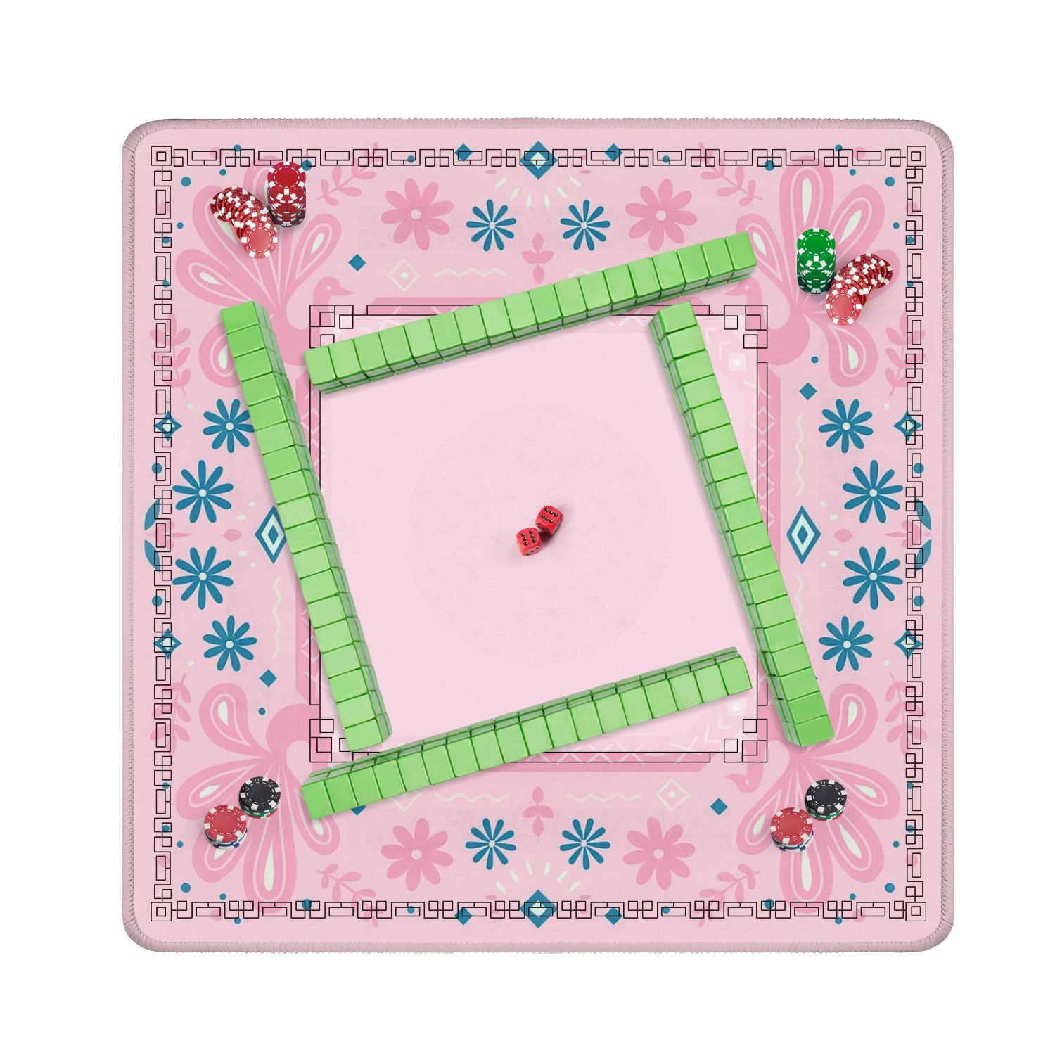 Mahjong Mat 31.5" x 31.5" Pink Peacock Floral Geometric Shapes Decorative Elements Anti-Slip and Noise Reduction Symmetry Design Mahjong Tiles Table Cover for Dominoes Poker Card Board and Tile Games