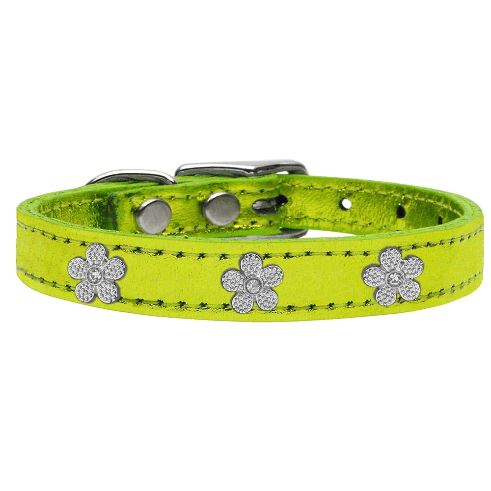 Silver Flower Widget Genuine Metallic Leather Dog Collar Lime Green 18
