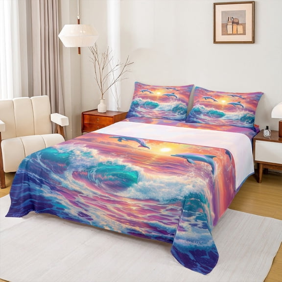 Manfei Kawaii Ocean Dolphin Sheet Set Full, Romantic Sunset Bed Sheets Set Full Size, Cute Sealife Full Sheet Sets, Super Cozy Bedroom Decor, 4pcs
