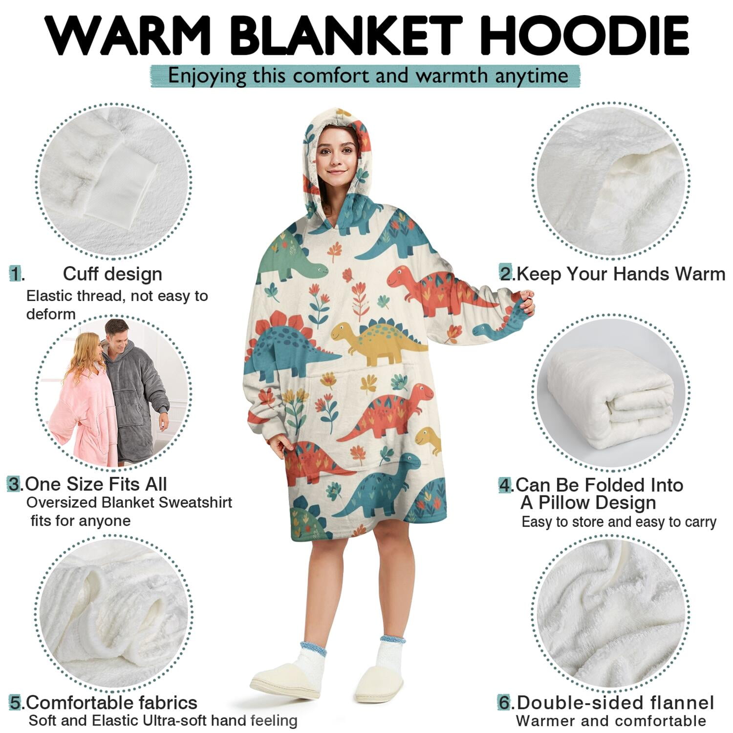 Wearable Oversized Blanket,Beige Cartoon Dinosaurs Flowers Pattern Wearable Blanket Hoodie for Adults,Cozy Hooded Blankets with Super Pockets,Super Warm Fuzzy Pullover for Women & Men