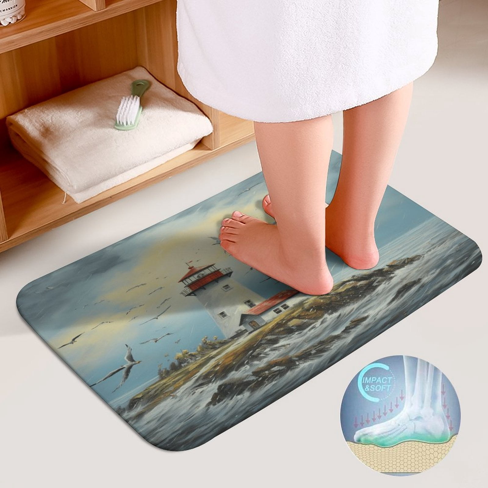 Lighthouse Coast Scenery 3 Piece Bath Rugs Mat Set, Flannel Mats, Machine Washable Carpets Mat for Bathroom Kitchen, Tub Toilet Contour Mat Lid Cover