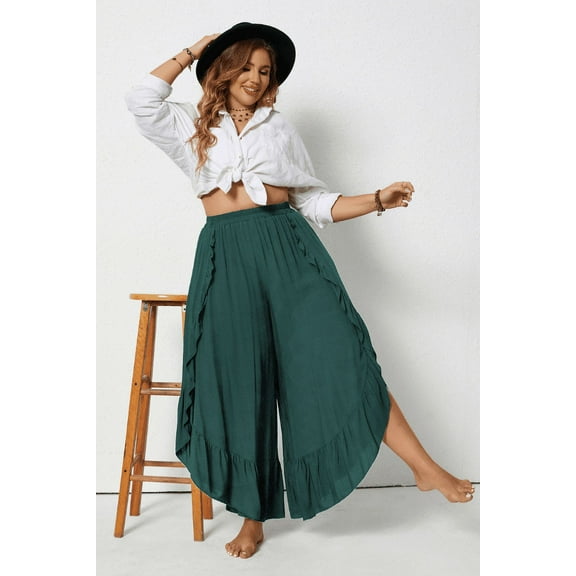 Plus Size Ruffle Trim Split Wide Leg Pants (1XL, Green)