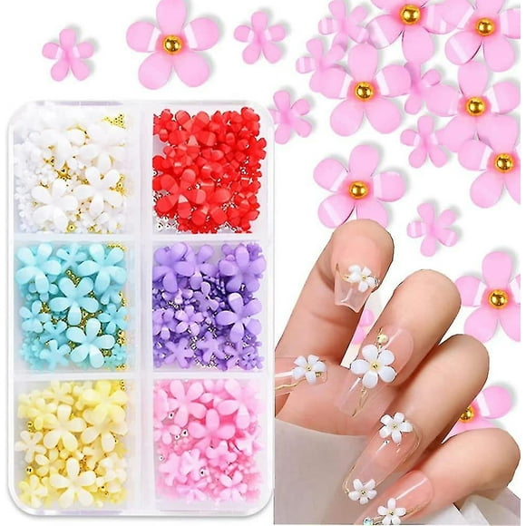 3d Flower Nail Charms For Acrylic Nails, 6 Grids 3d Nail Flowers Rhinestone Cherry Blossom Pink Set