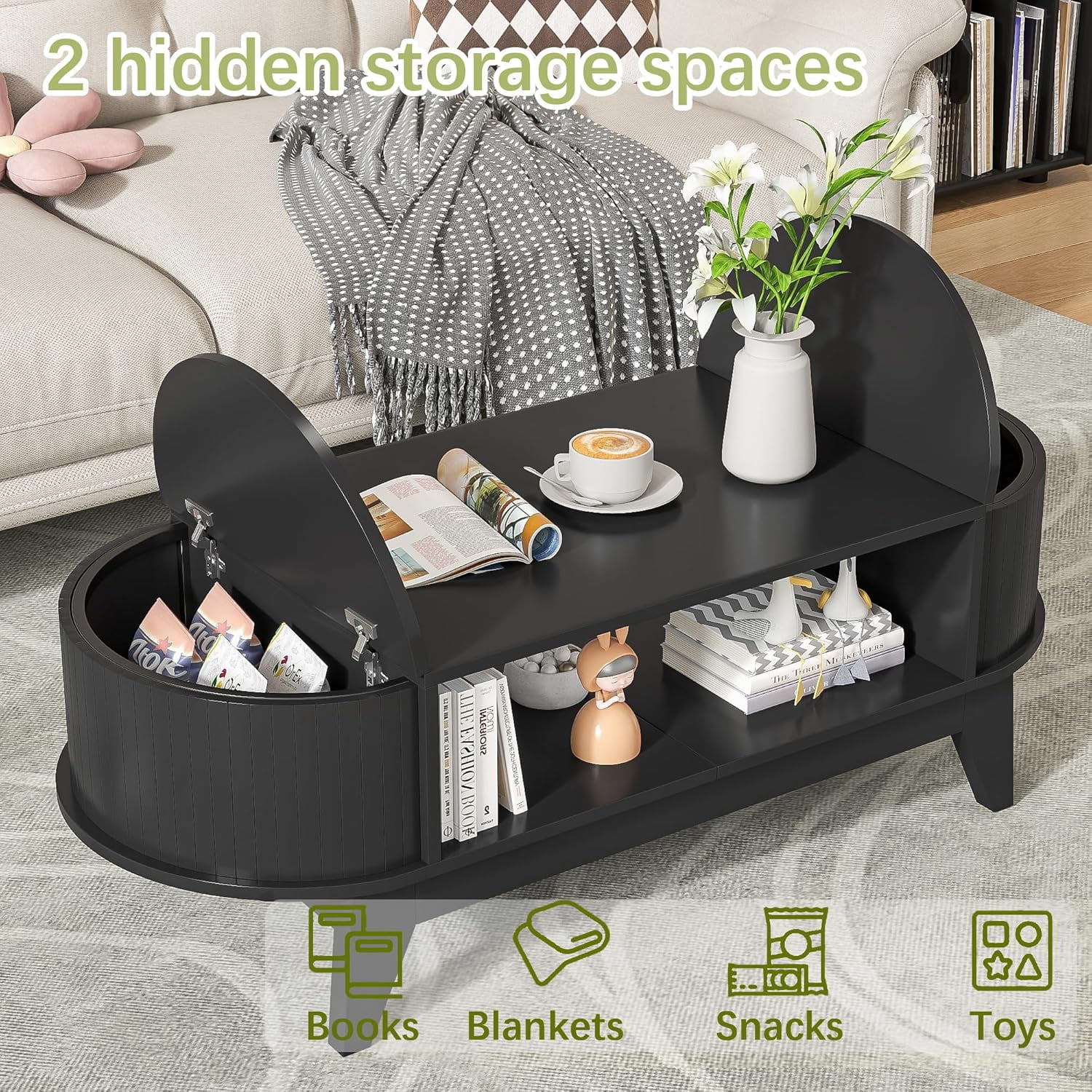 Fluted Coffee Table with Storage, Modern Coffee Tables, Wood Accent Center Table