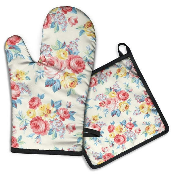 Pioneer Flower Kitchen Oven Mitt and Pot Holder Sets 2 Pcs for Baking, Cooking and Grilling, Heat Resistant Up To 392 °F