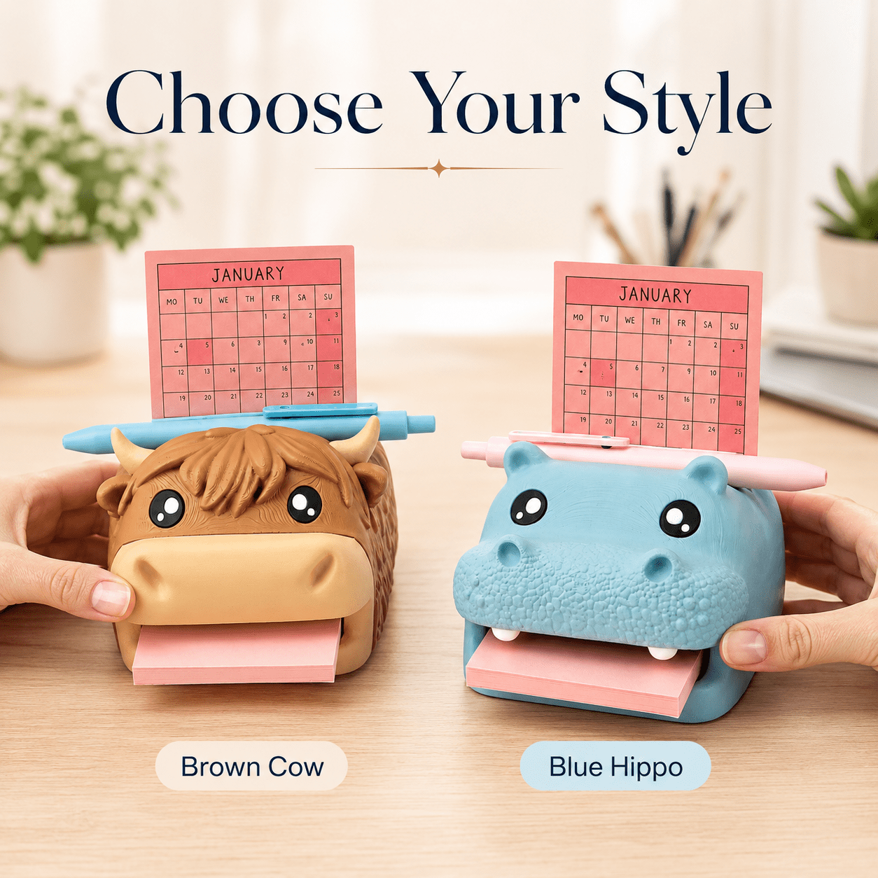 Highland Cow Note Holder, Sticky Note Holder and Dispenser with Stencil Set, Cute Desk Hippo-Campus Organizer with Pen Holder and Photo Slot, Compatible with Post It Notes, Fun Office Desk Accessory