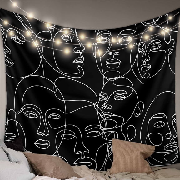 Abstract Style Tapestry for Bedroom Wall Hanging Tapestry, Black Face Line Modern Character Art Ceiling Backdrop Tapestries Poster Blanket Wall Decor for Teens Room Living Room Dorm 55" x 73"