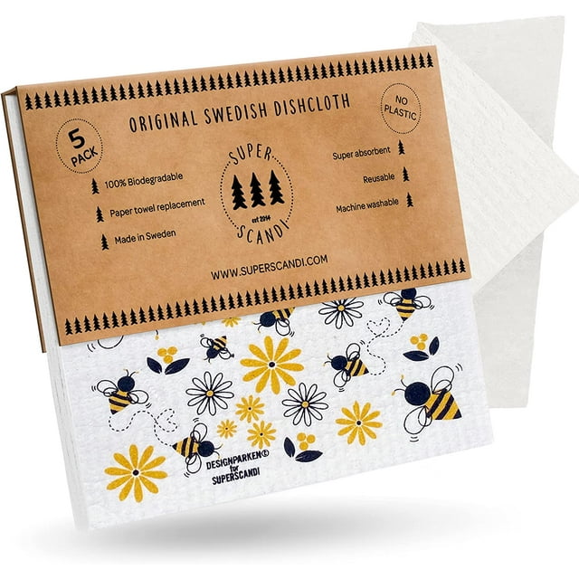 SUPERSCANDI 5 Pack Swedish Dish Cloths for Kitchen - 100% Biodegradable & Compostable | Washable Kitchen Cloths, Food-Safe & Without Plastic - Reusable Paper Towel for Any Surface | Bees