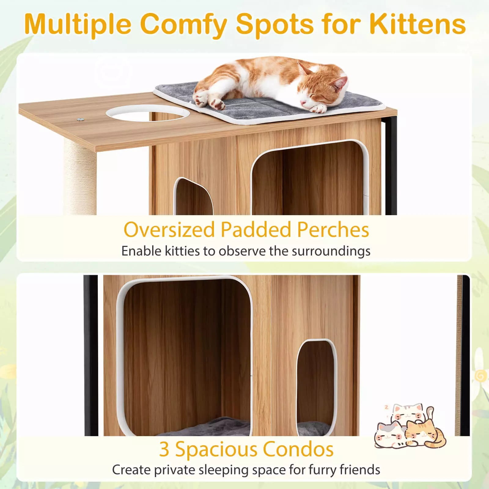 Auranook 52" Tall Wooden Cat Tree w/ Metal Frame, 3 Condos, Sisal Scratching Posts & Board, Washable Cushions, Multi-Level Tower for Large Indoor Cats & Kittens