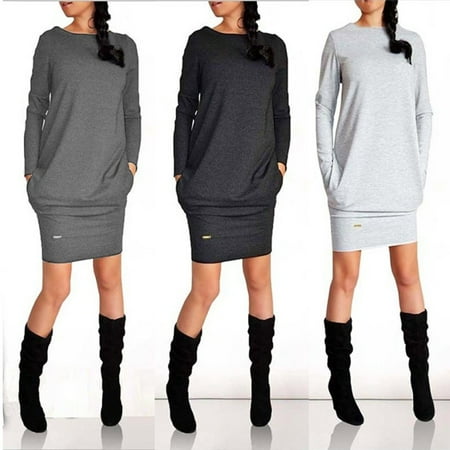 Womens Winter Sweatshirt Dress Ladies Hoodie Pullover Jumper Pockets Sweater Top