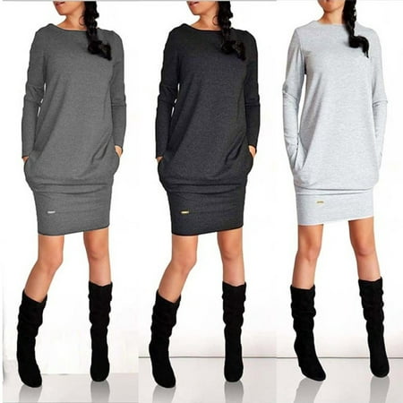 Womens Winter Sweatshirt Dress Ladies Hoodie Pullover Jumper Pockets ...