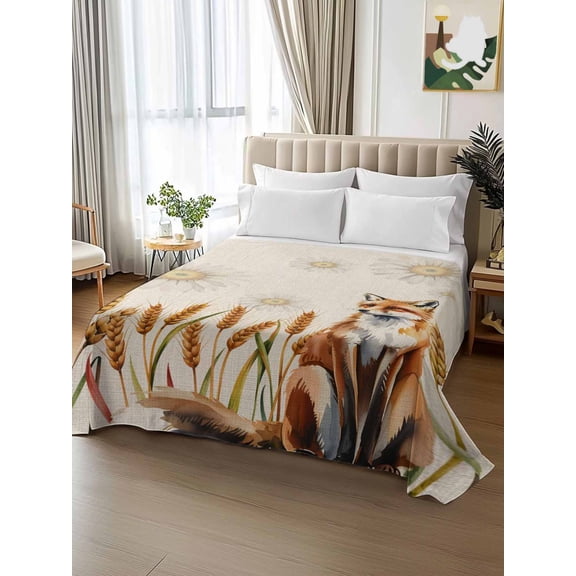 King Size Flat Sheet Only,Thanksgiving Fox Autumn Daisy Soft Top Bed Sheets Breathable Bedding Sheet Farm Wheat Ears Vintage Linen Microfiber Hotel Luxury Top Sheets