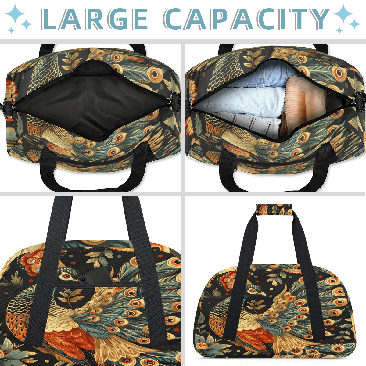 Herdesigns Peacock Sports Duffle Bag for Women & Men, Vintage Bird Gym Bag Dance Bag Overnight Bag Carry On Weekender Travel Bag