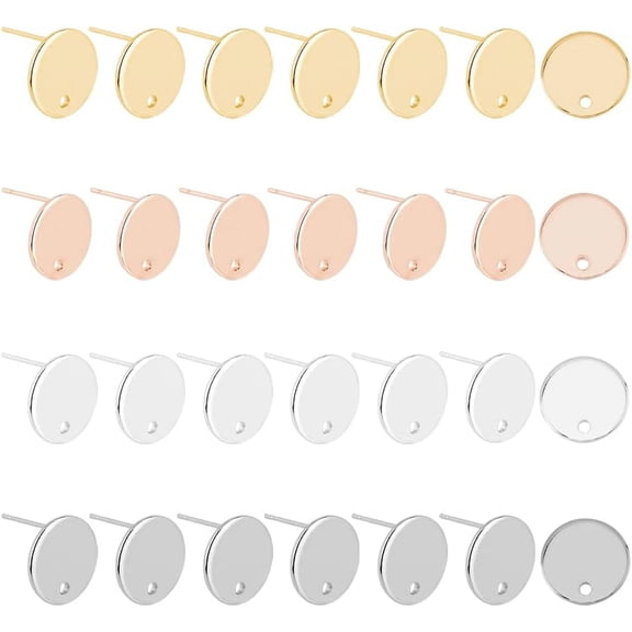 24pcs 4 Colors 201 Stainless Steel Stud Earring Findings Hypoallergenic Flat Round Stud Earring Blank Earring Post with Loop for DIY Jewelry Clay Earring Making Hole 1.5mm Colorful