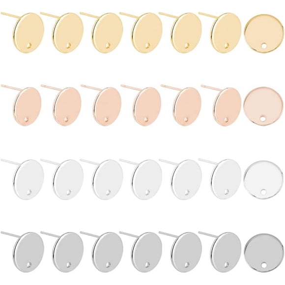 24pcs 4 Colors 201 Stainless Steel Stud Earring Findings Hypoallergenic Flat Round Stud Earring Blank Earring Post with Loop for DIY Jewelry Clay Earring Making Hole 1.5mm