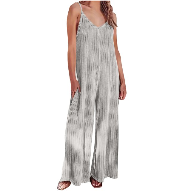 Plebaso Women's V Neck Sleeveless Jumpsuits Loose Spaghetti Strap Casual Wide Leg Rompers with Pockets
