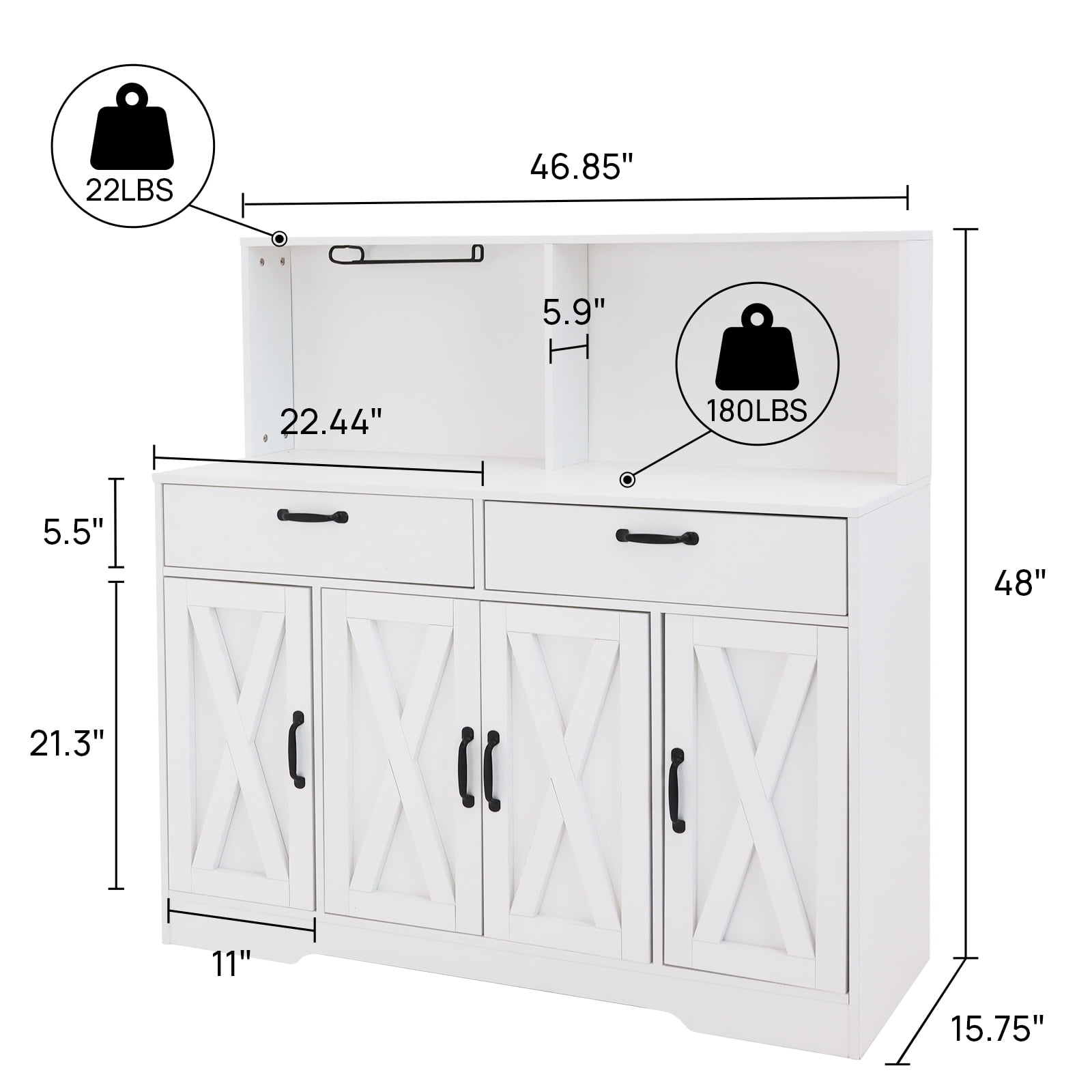 Walsport 47'' Coffee Bar Cabinet - Farmhouse Sideboard Buffet Cabinet with Storage - Kitchen Pantry Storage Cabinet with Doors and Shelves for Dining Room, Living Room, Kitchen (White))
