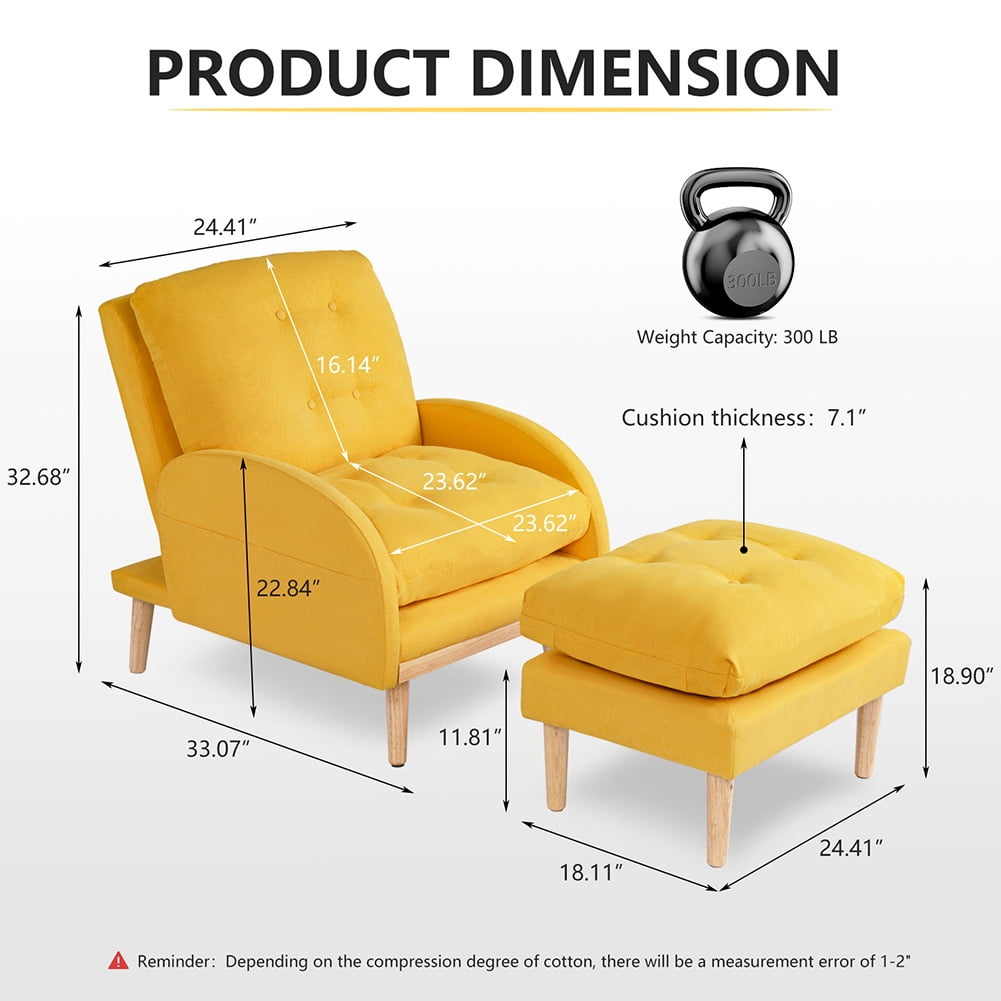 Kepooman Accent Chair with Ottoman, Living Room Chair Ottoman Set, Comfy Side Armchair with Adjustable Backrest and Side Pocket for Bedroom, Yellow Kepooman Accent Chair with Ottoman, Living Room Chair Ottoman Set, Comfy Side Armchair with Adjustable Backrest and Side Pocket for Bedroom, Yellow