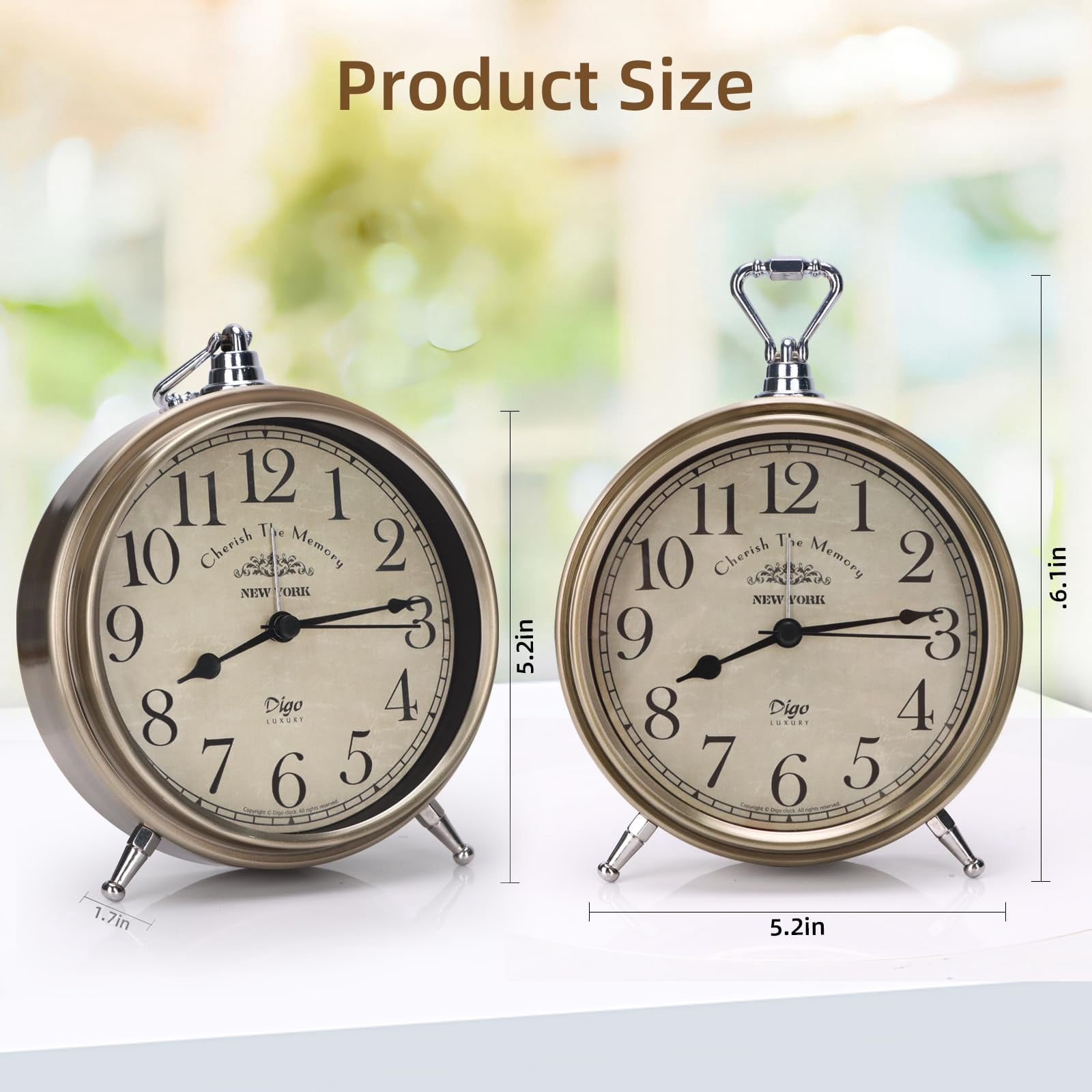 Vintage Table Clock on Stand, Super Silent Non Ticking Small Analog Alarm Clock, Battery Operated Silvery Decorative Clock for Bedside Desk Shelf