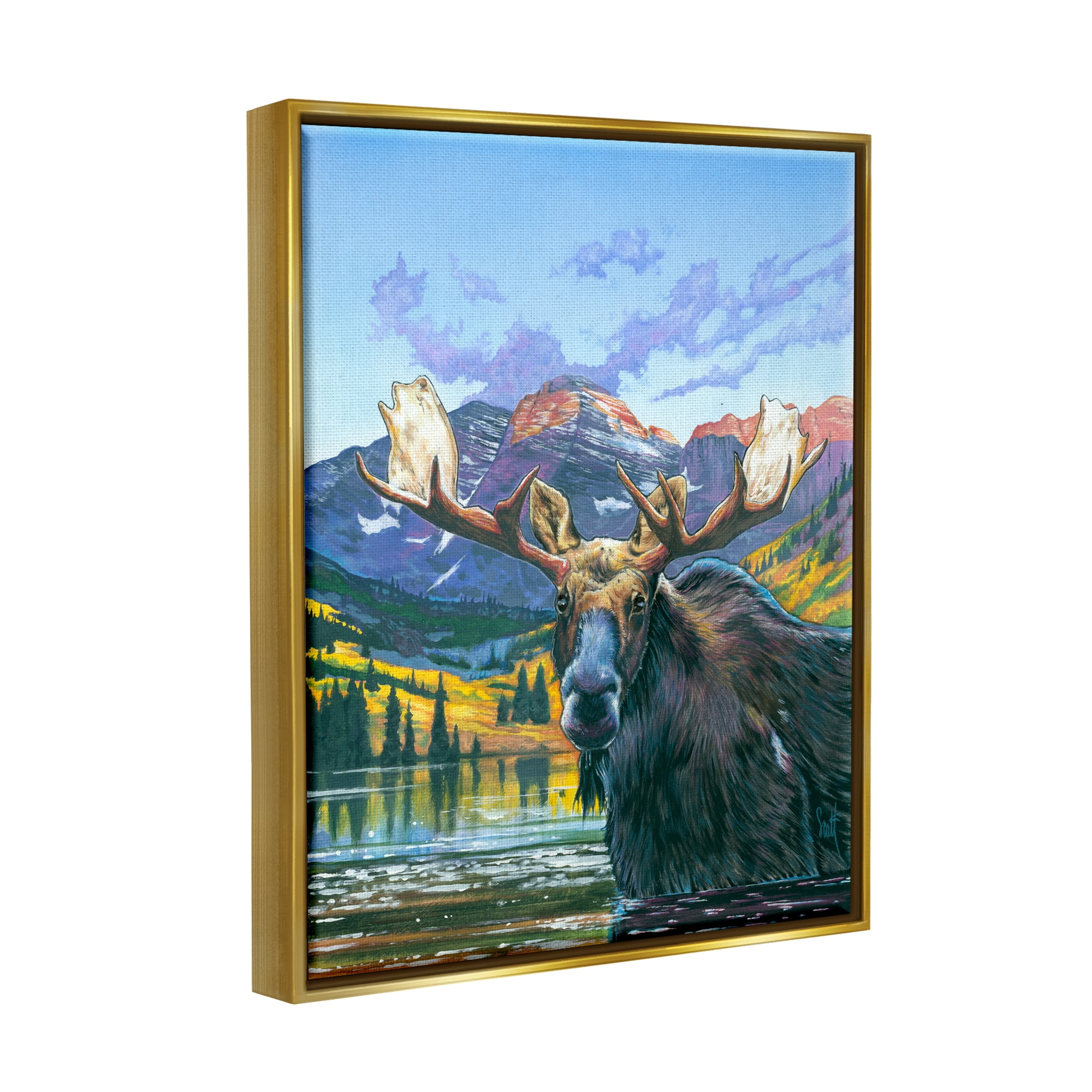 Stupell Industries Moose in River Painting Animals & Insects Painting Gold Floater Framed Art Print Wall Art, 17 x 21