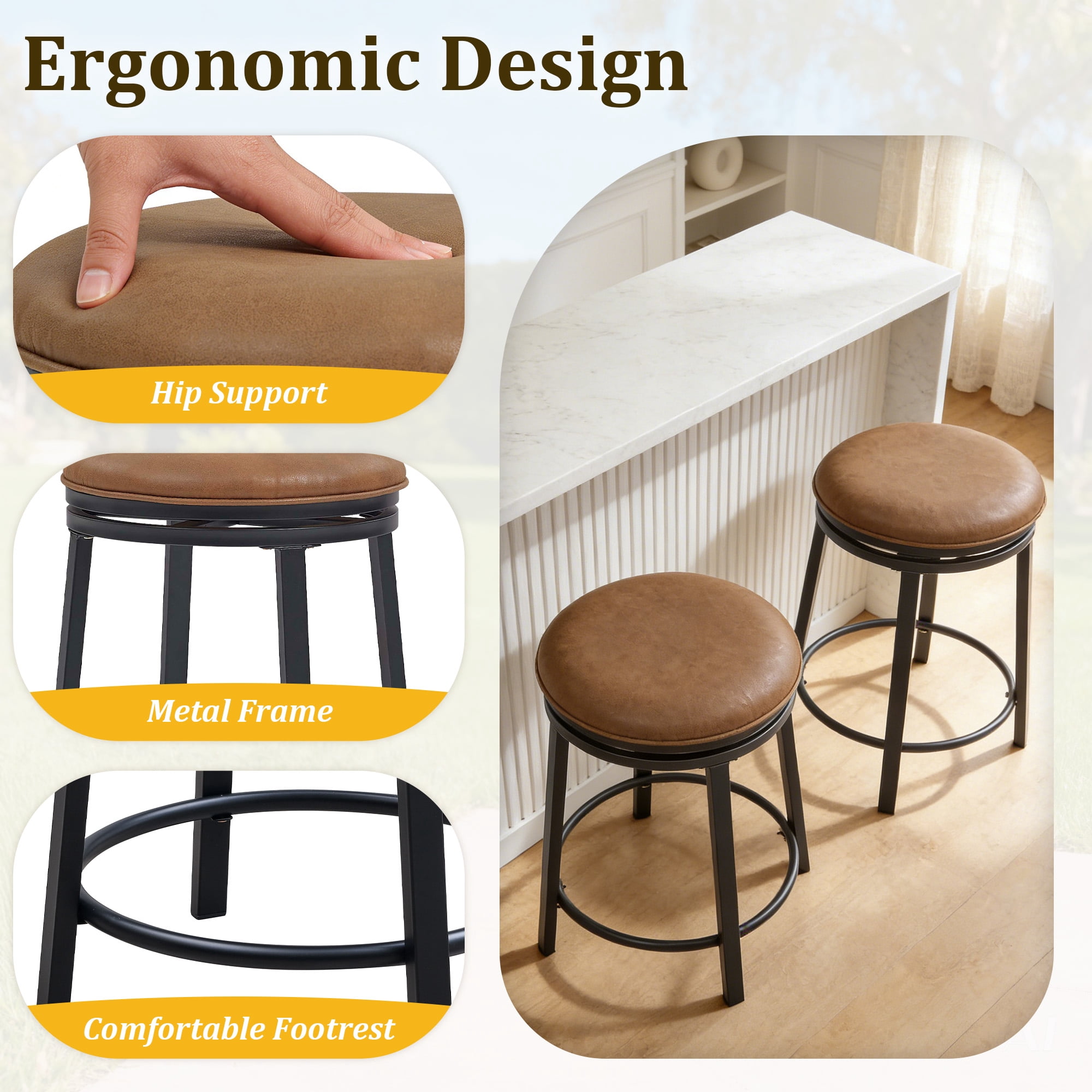 MOONMISS 360° Degree Swivel Bar Stool - Counter Height Metal Frame Stool for Kitchen Island, Home Bar &Cafe(Setof 2),Brown