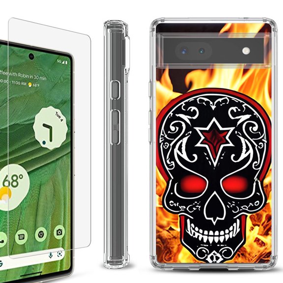 Shockproof Bumper Phone Case for Google Pixel 6a, with Tempered Glass Screen Protector, by OneToughShield - Skull Flames