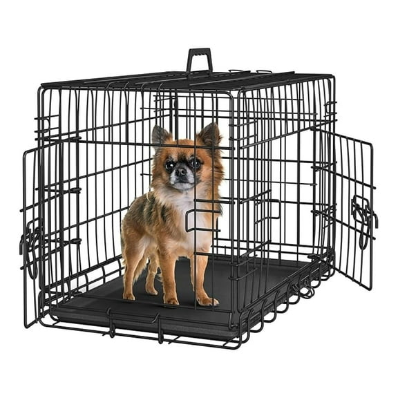 24 Inch Dog Crate Double Door with Divider - Portable Collapsible Metal Wire Kennel for Small Dogs, Black
