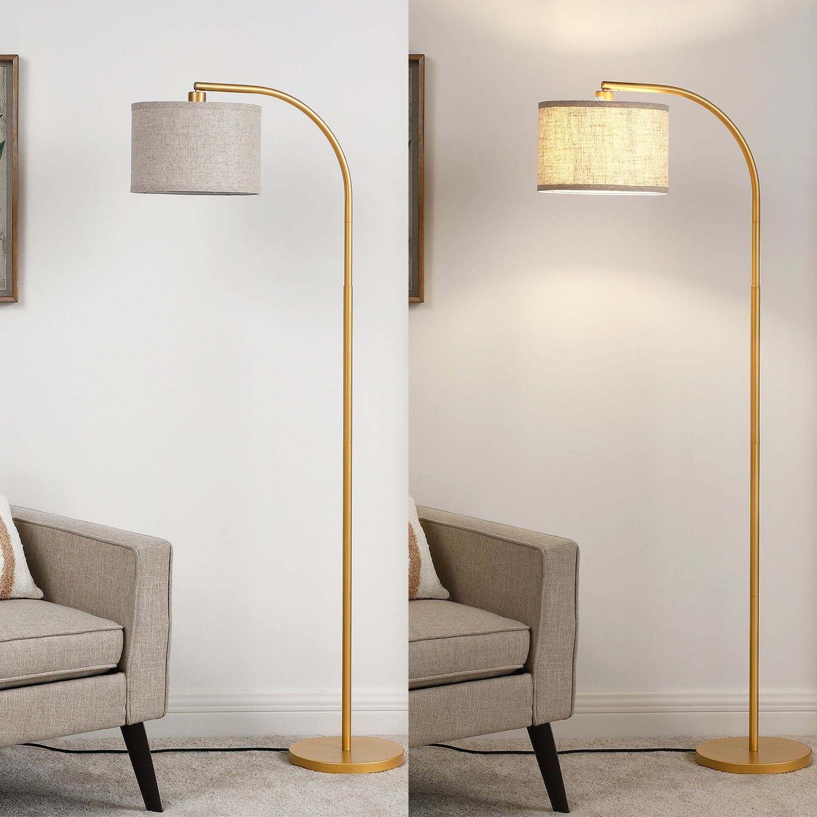 DEWENWILS 63.4-Inch Modern Arc Gold Floor Lamps for Living Room, Metal Standing Lamp with Foot Switch for Bedroom, Office, Decor, Lighting, Adjustable Lampshade