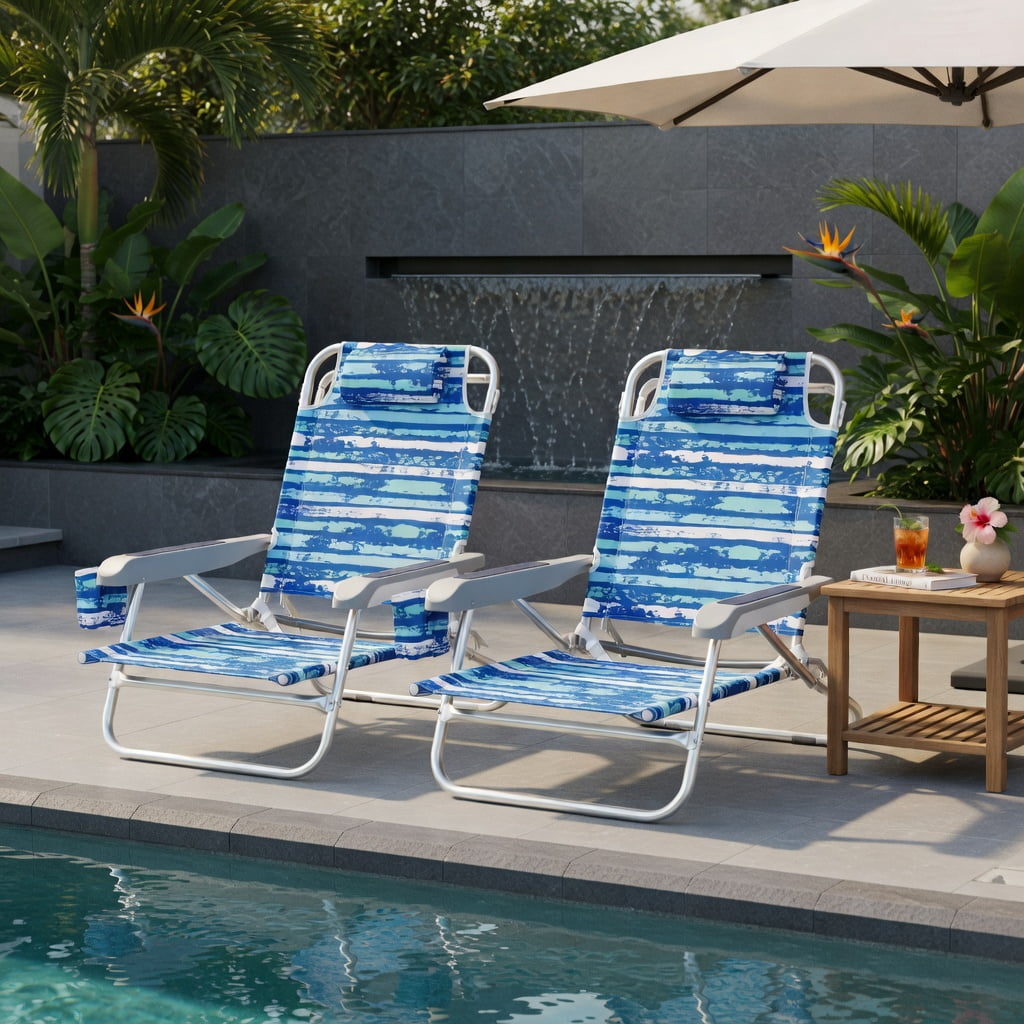 Hommoo 2-Pack Foldable Beach Chair with 5-Position Recline, Padded Headrest & Cup Holder, Lightweight Aluminum Outdoor Chairs for Beach, Camping, Picnic, Blue
